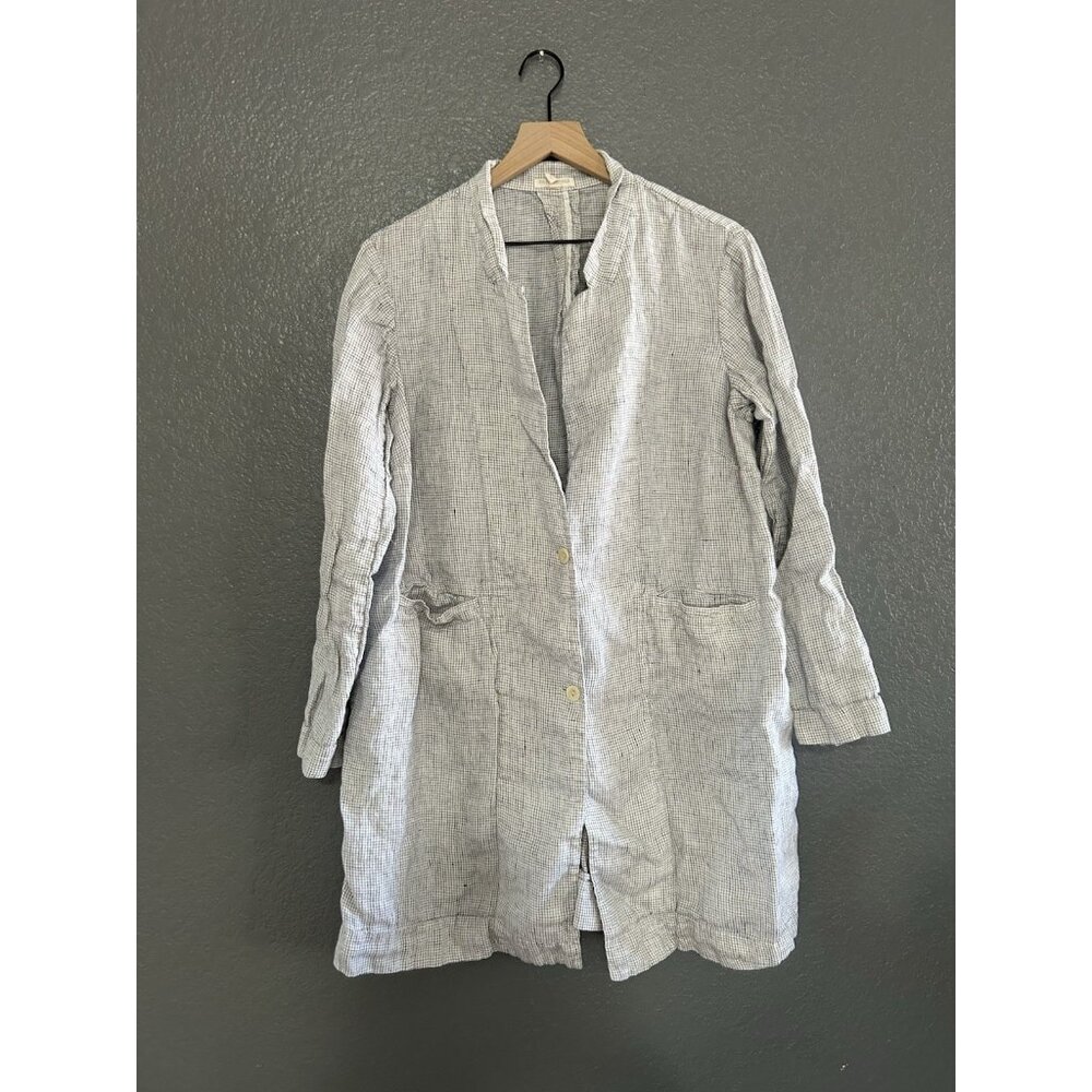Eileen Fisher Linen Long Blazer 1x 100% Organic Cotton Pockets White Black Grid